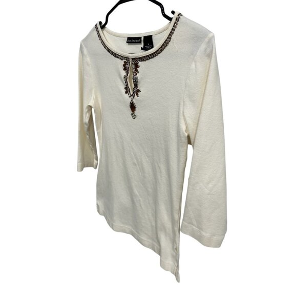 Bay Studio Womens Beaded Embellished Top Small Ivory 3/4 Sleeve 100% Cotton - Picture 3 of 10